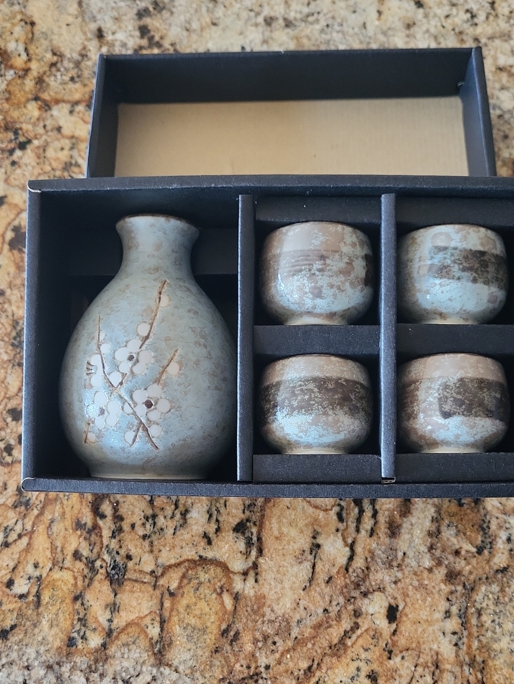 Ceramic Sake Set in Light Blue and Brown with Floral Accent